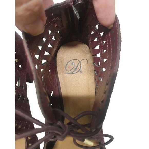 Women's Heeled Sandals Cutout Lace-Up Suede Chic Burgundy Pumps 7.5 - Picture 10 of 11